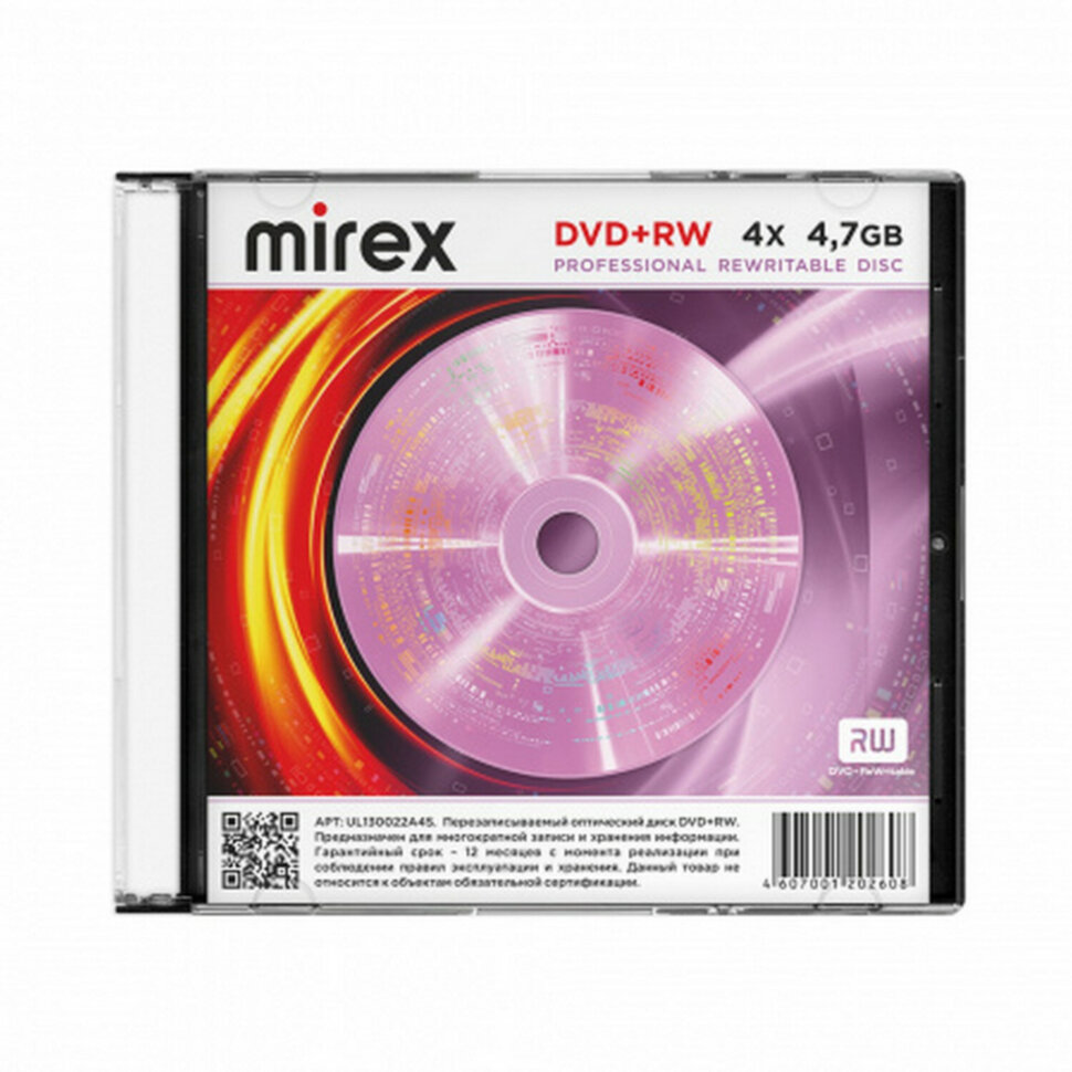 Диск DVD+RW (плюс) MIREX, 4,7 Гб, 4x, Slim Case, 1 штука, UL130022A4S, 514006