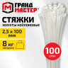 Хомут-стяжка нейлоновая сверхпрочная, 2,5х100 мм, КОМПЛЕКТ 100 шт., белая, ГРАНДМАСТЕР, 702351, 702351