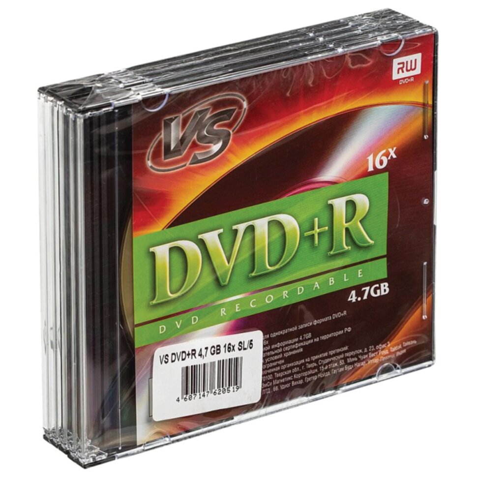 Диск DVD+R (плюс) VS, 4,7 Гб, 16x, Slim Case, КОМПЛЕКТ 5 шт., VSDVDPRSL501, 514002