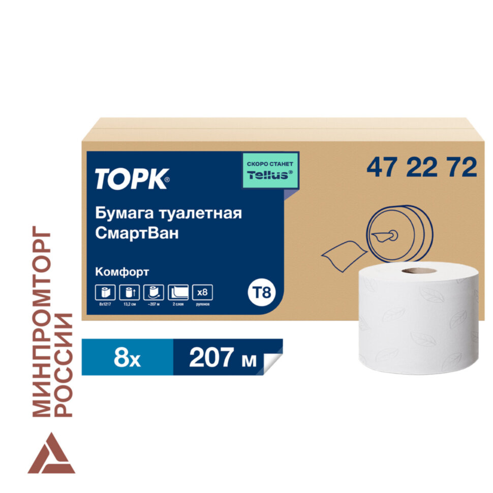 Бумага туалетная 207 м, Tellus/TORK (Система T8) SmartOne, ADVANCED, КОМПЛЕКТ 8 рулонов, 2-слойная, 472272, 115083