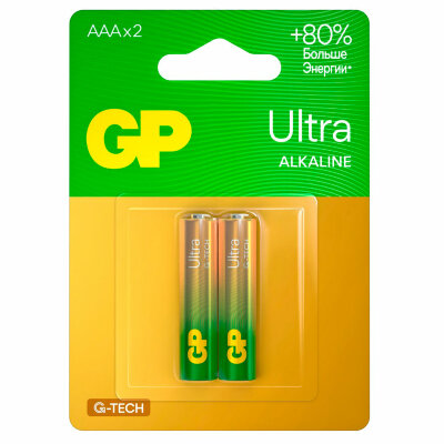 Батарейки КОМПЛЕКТ 2 шт., GP Ultra G-Tech, AAA (LR03, 24А), алкалиновые, мизинчиковые, 24AUA21-2CRSBC2, 457747