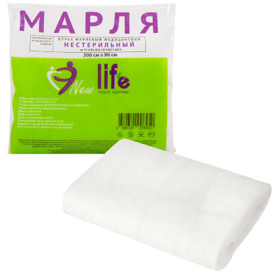 Марля медицинская отбеленная NEW LIFE отрез 0,9х3 м, плотность 36 (±2) г/м2, 94262, 630563