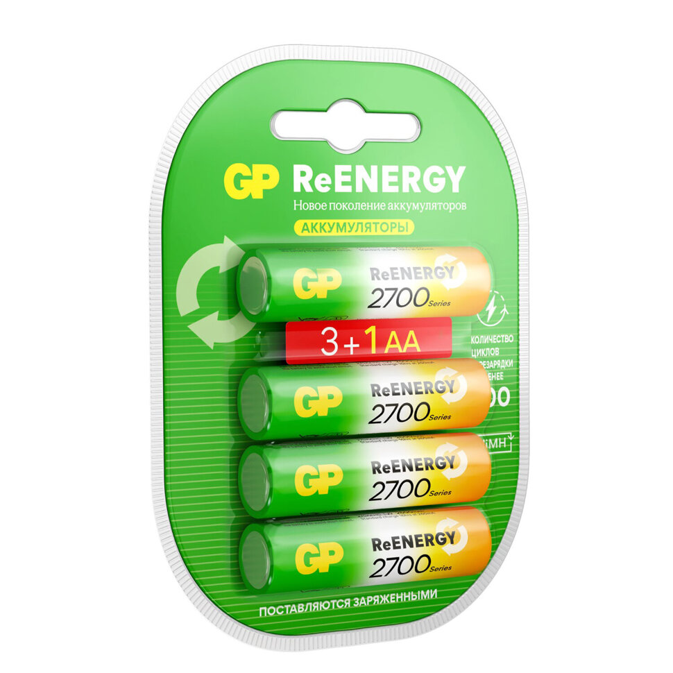 Батарейки аккумуляторные GP ReEnergy Ni-Mh КОМПЛЕКТ 4 шт. (ПРОМО 3+1), АА (HR6), 2600 mAh, 270AAHC3/1RGY, 270AAHC3/1RGY-2, 458464