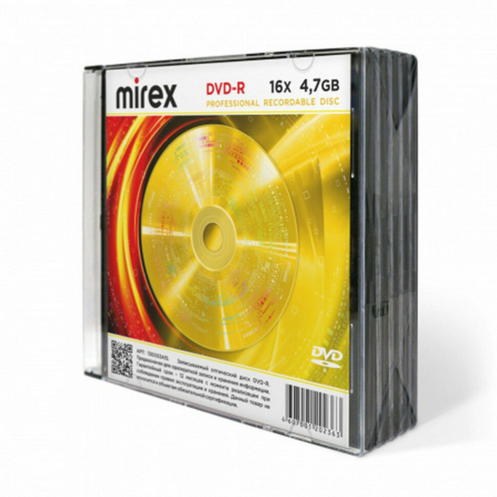 Диск DVD-R MIREX, 4,7 ГБ, 16x, Slim Case, КОМПЛЕКТ 5 шт., UL130003A1F, 514008