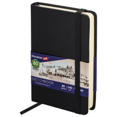 Скетчбук, слоновая кость 140 г/м2 90х140 мм, 80 л., КОЖЗАМ, резинка, BRAUBERG ART CLASSIC, черный, 113188, 113188