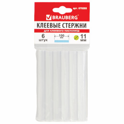 Клеевые стержни, диаметр 11 мм, длина 100 мм, прозрачные, комплект 6 шт., BRAUBERG, европодвес, 670293, 670293