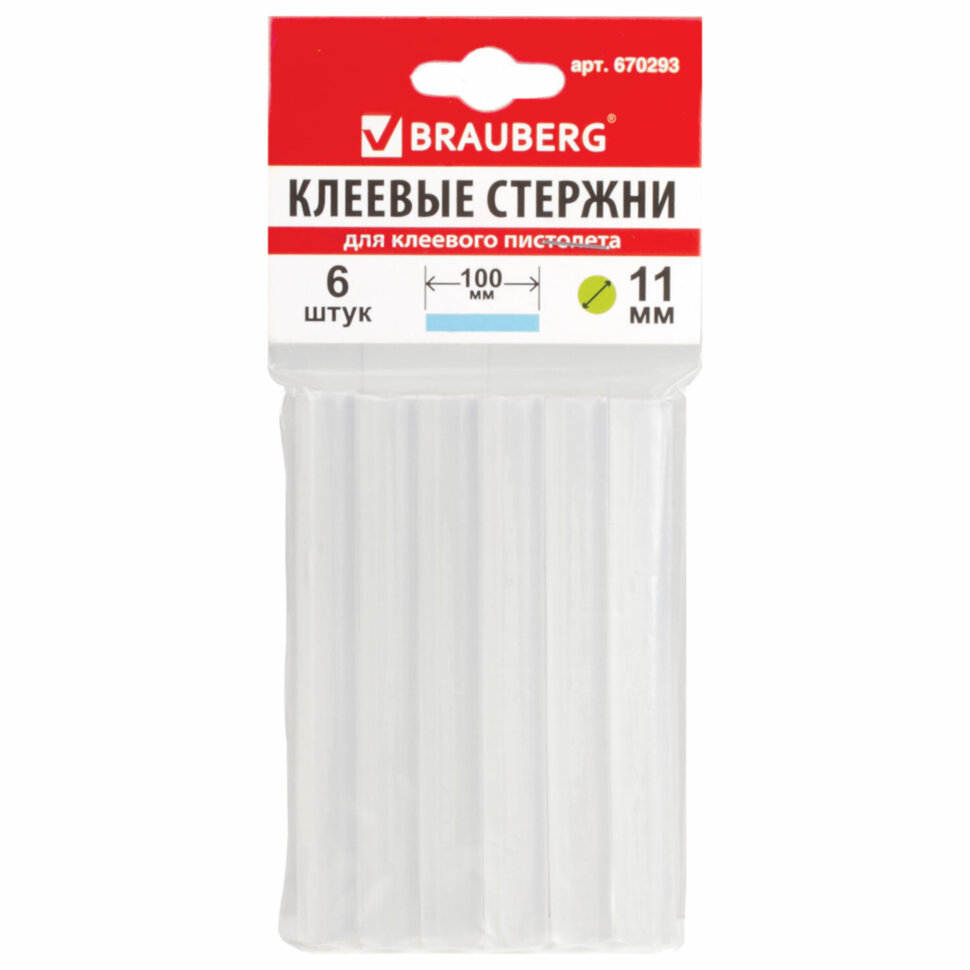 Клеевые стержни, диаметр 11 мм, длина 100 мм, прозрачные, комплект 6 шт., BRAUBERG, европодвес, 670293, 670293