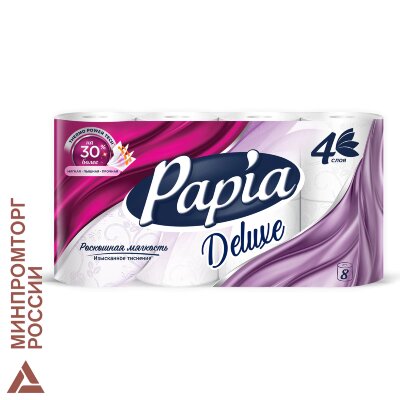 Бумага туалетная бытовая, спайка 8 шт., 4-слойная (8х16 м), PAPIA DELUXE, белая, 5080737, 112046