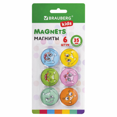 Магниты стеклянные 35 мм для досок магнитно-маркерных, НАБОР 6 шт., "3D Коты", BRAUBERG KIDS, круглые, блистер, 272516, 272516