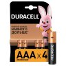 Батарейки КОМПЛЕКТ 4 шт., DURACELL Basic ОРИГИНАЛ, AAA (LR03, 24А), алкалиновые, мизинчиковые, MN 2400 AAA LR3, 450403