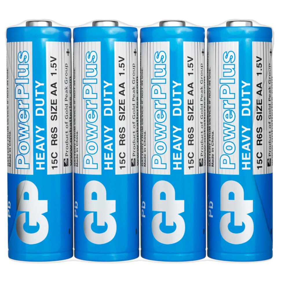 Батарейки КОМПЛЕКТ 4 шт., GP PowerPlus AA (R6, 15G), солевые, пальчиковые, в пленке, 15CEBRA-2S4, 457757