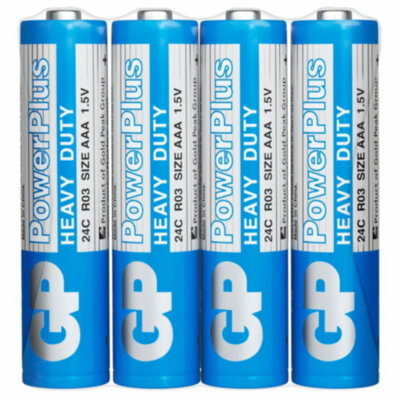Батарейки КОМПЛЕКТ 4 шт., GP PowerPlus AAA (R03, 24G), солевые, мизинчиковые, в пленке, 24CEBRA-2S4, 457756