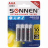 Батарейки КОМПЛЕКТ 4 шт., SONNEN Alkaline, AAA (LR03, 24А), алкалиновые, мизинчиковые, в блистере, 451088, 451088