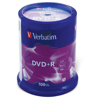 Диск DVD+R (плюс) VERBATIM 4,7 Gb 16x Cake Box (упаковка на шпиле), КОМПЛЕКТ 100 шт., 43551, 510259