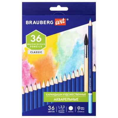 Карандаши художественные цветные акварельные BRAUBERG ART CLASSIC, 36 цветов, грифель 3,3 мм, 181531, 181531