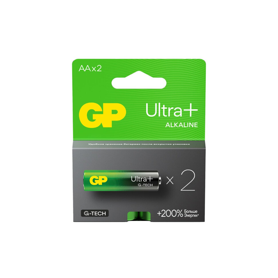 Батарейки КОМПЛЕКТ 2 шт., GP Ultra Plus G-Tech, AA (LR6), алкалиновые, пальчиковые, 15AUPA21-2CRSB2, 457751