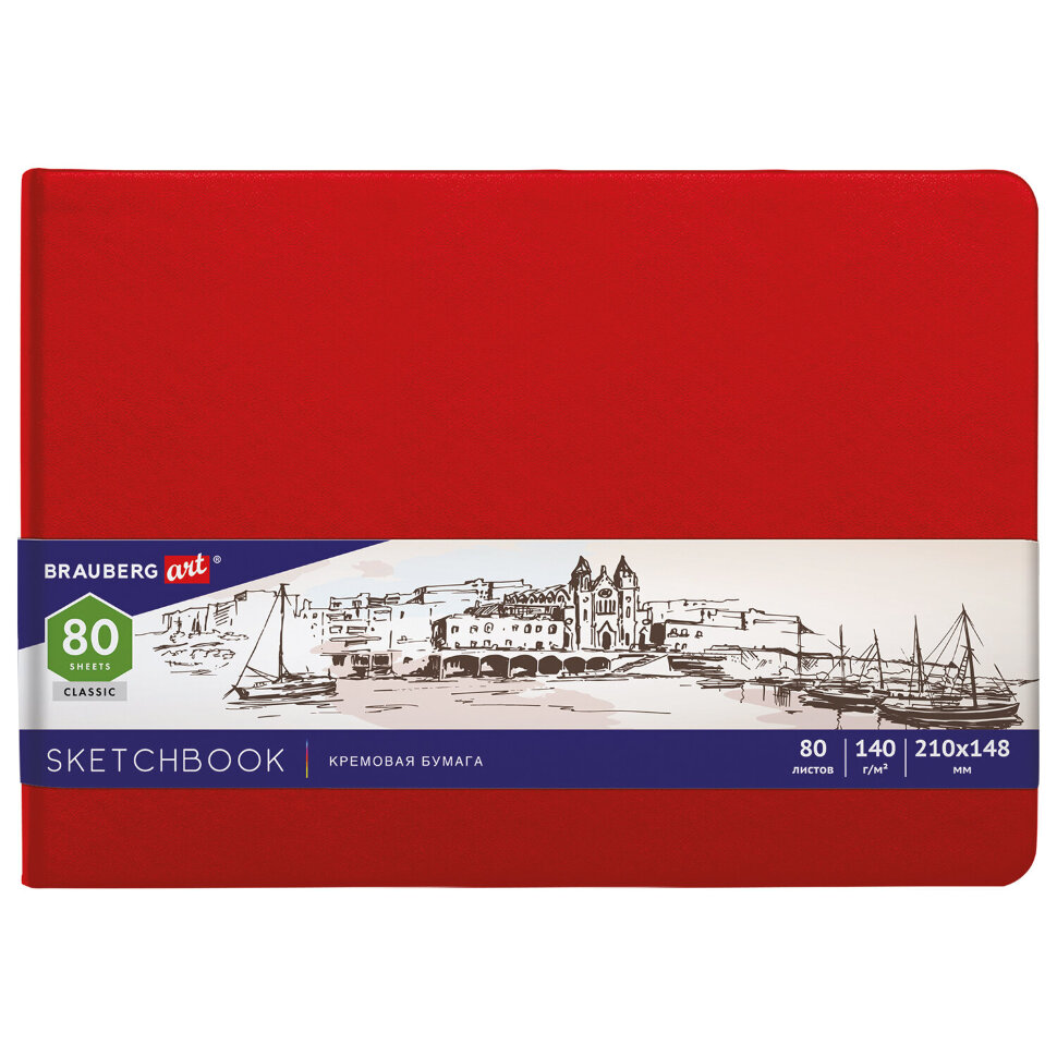 Скетчбук, слоновая кость 140 г/м2 210х148 мм, 80 л., КОЖЗАМ, резинка, BRAUBERG ART CLASSIC, красный, 113197, 113197