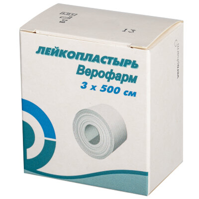 Лейкопластырь рулонный, 3х500 см, ВЕРОФАРМ, тканевая основа, картонная коробка, 20024111, 630605