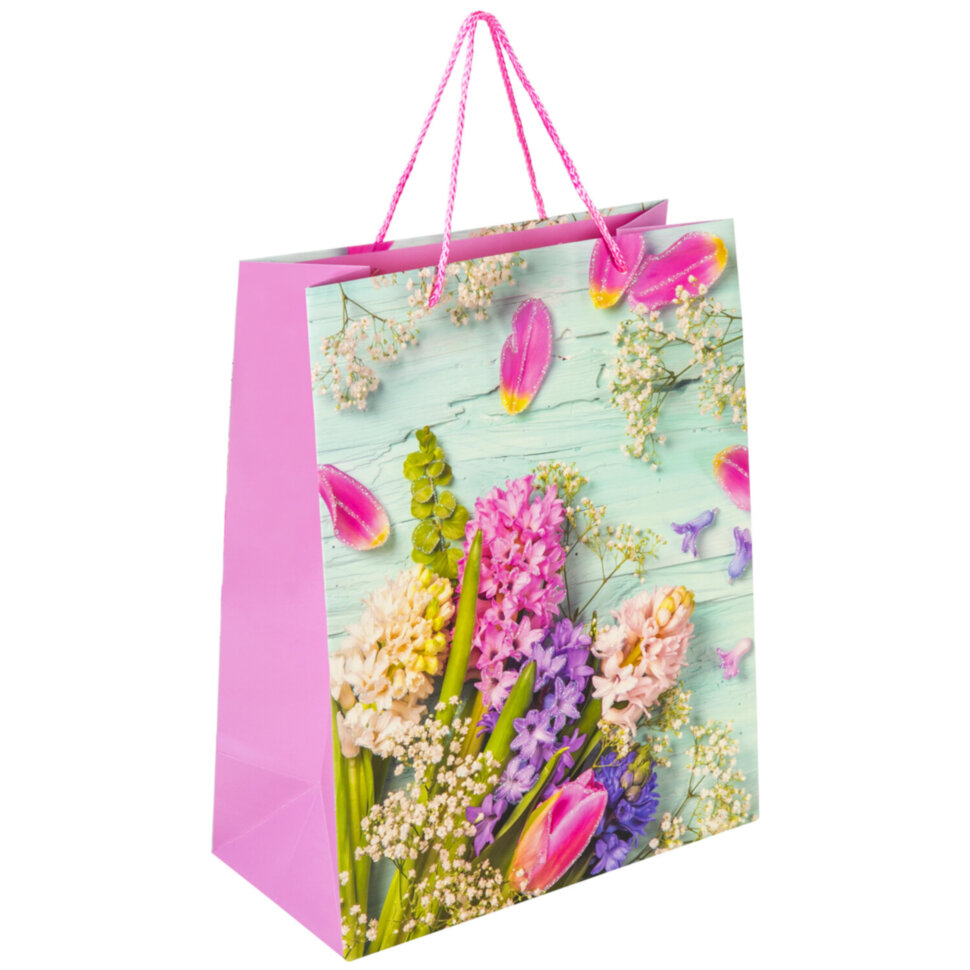 Пакет подарочный (1 штука) 26x13x32 см, ЗОЛОТАЯ СКАЗКА "Spring Flowers", глиттер, розовый, 608247, 12 штук, 608247