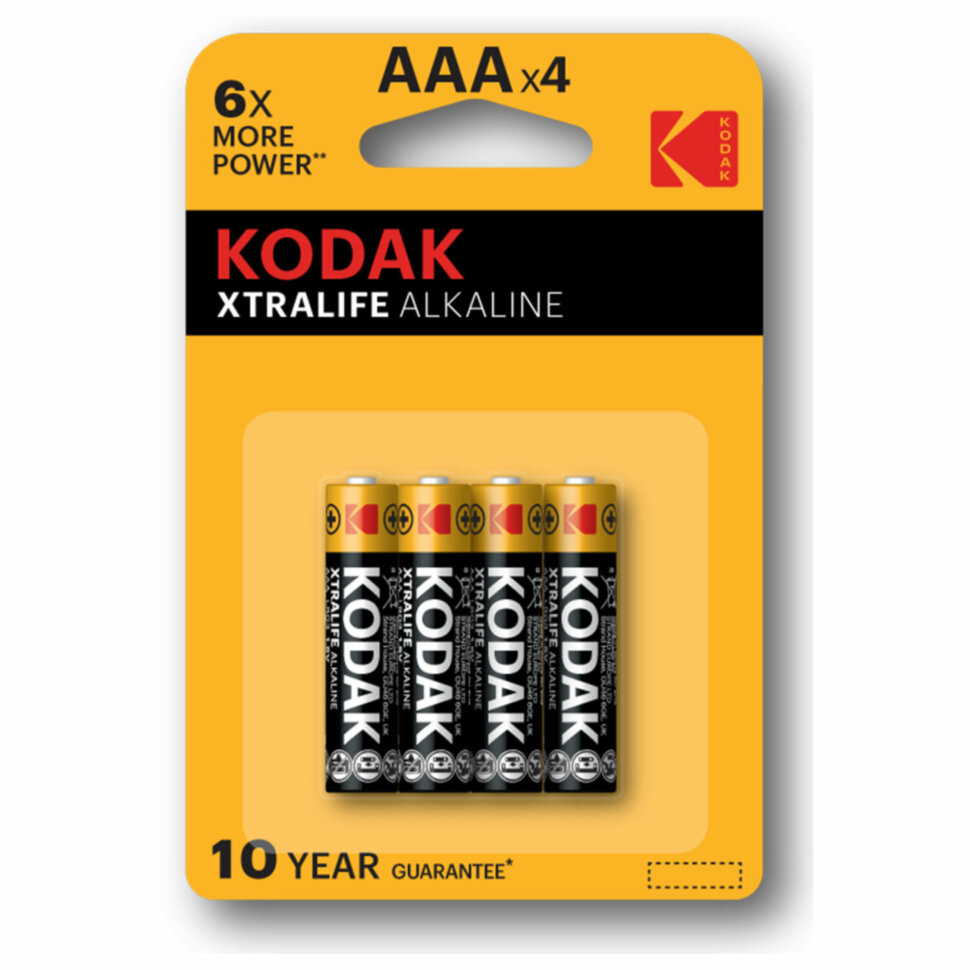 Батарейки алкалиновые "мизинчиковые" КОМПЛЕКТ 4 шт., KODAK Xtralife Alkaline, ААА (LR03,15А), блистер, Б0014329, 457379