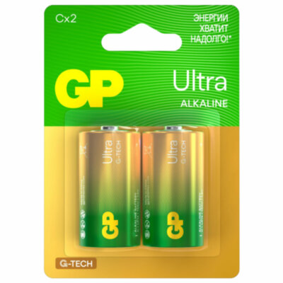 Батарейки КОМПЛЕКТ 2 шт., GP Ultra G-Tech, С (LR14, 14А), алкалиновые, блистер, 14AU-2CR2, 456687