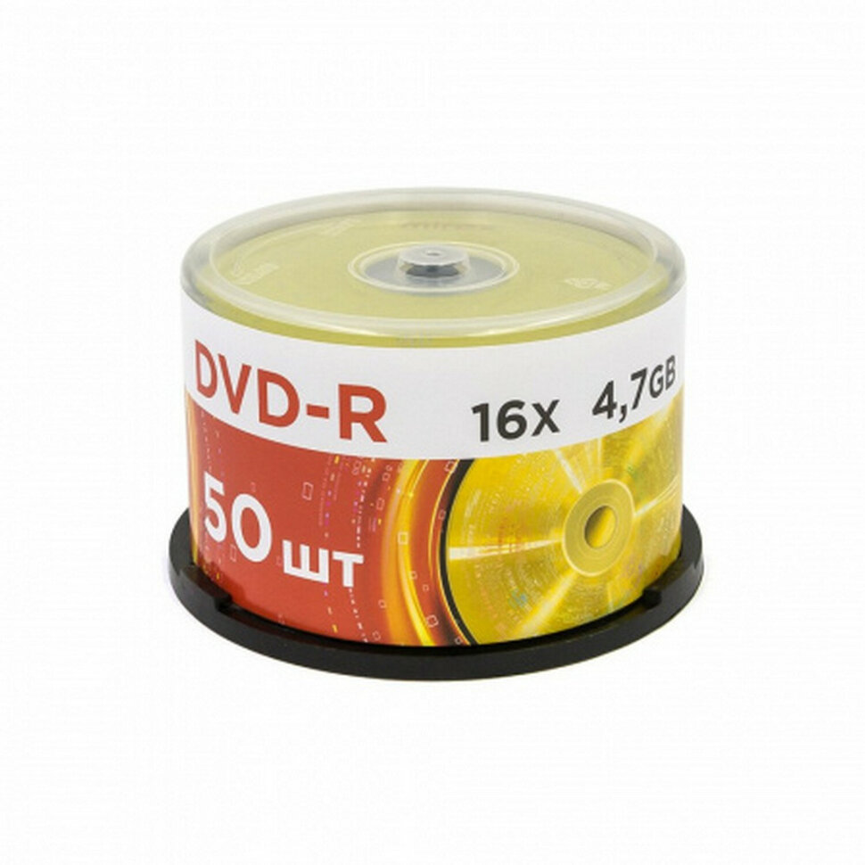 Диск DVD-R MIREX, 4,7 Гб, 16x, Cake Box (упаковка на шпиле), КОМПЛЕКТ 50 шт., UL130003A1B, 514010