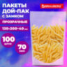 Пакеты дой-пак с замком ZIP LOCK, прозрачные, 120х200 + 40 мм, КОМПЛЕКТ 100 штук, 70 мкм, BRAUBERG, 700696, 700696
