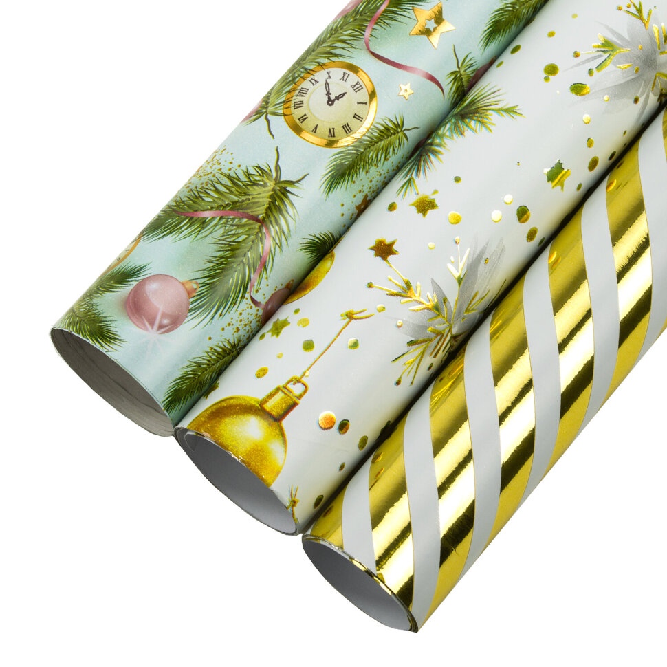 Бумага упаковочная новогодняя НАБОР 3 шт. "Golden XMAS", С ЭФФЕКТАМИ, 70х100 см, ЗОЛОТАЯ СКАЗКА, 592188, 592188