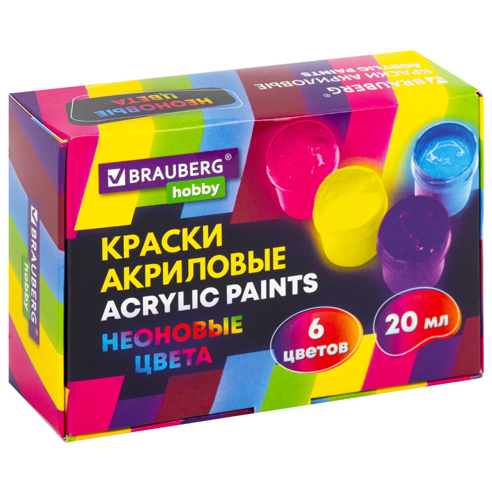 Краски акриловые НЕОНОВЫЕ для рисования и творчества 6 цветов по 20 мл, BRAUBERG HOBBY, 192438, 192438