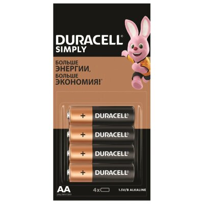 Батарейки КОМПЛЕКТ 4 шт. (отрывной блок) DURACELL Simply ОРИГИНАЛ, AA (LR6, 15А), алкалиновые, пальчиковые, Б0046868, 455043