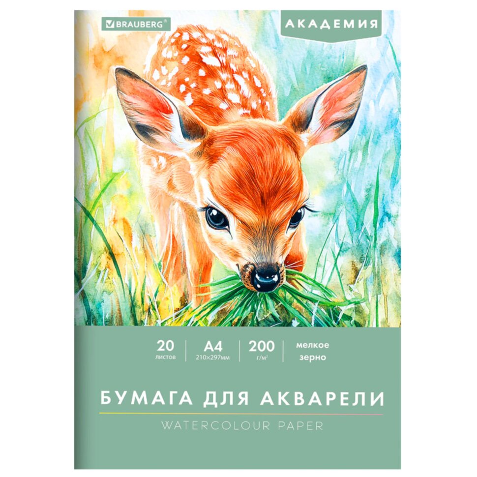 Папка для акварели А4, 20 л., 200 г/м2, 210х297 мм, BRAUBERG АКАДЕМИЯ, "Оленёнок", 117746, 117746