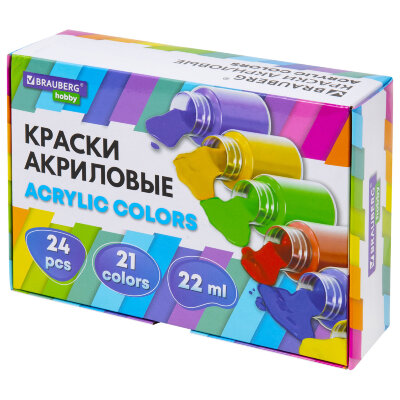 Краски акриловые художественные 24 шт., 21 цвет в банках по 22 мл, BRAUBERG HOBBY, 192412, 192412