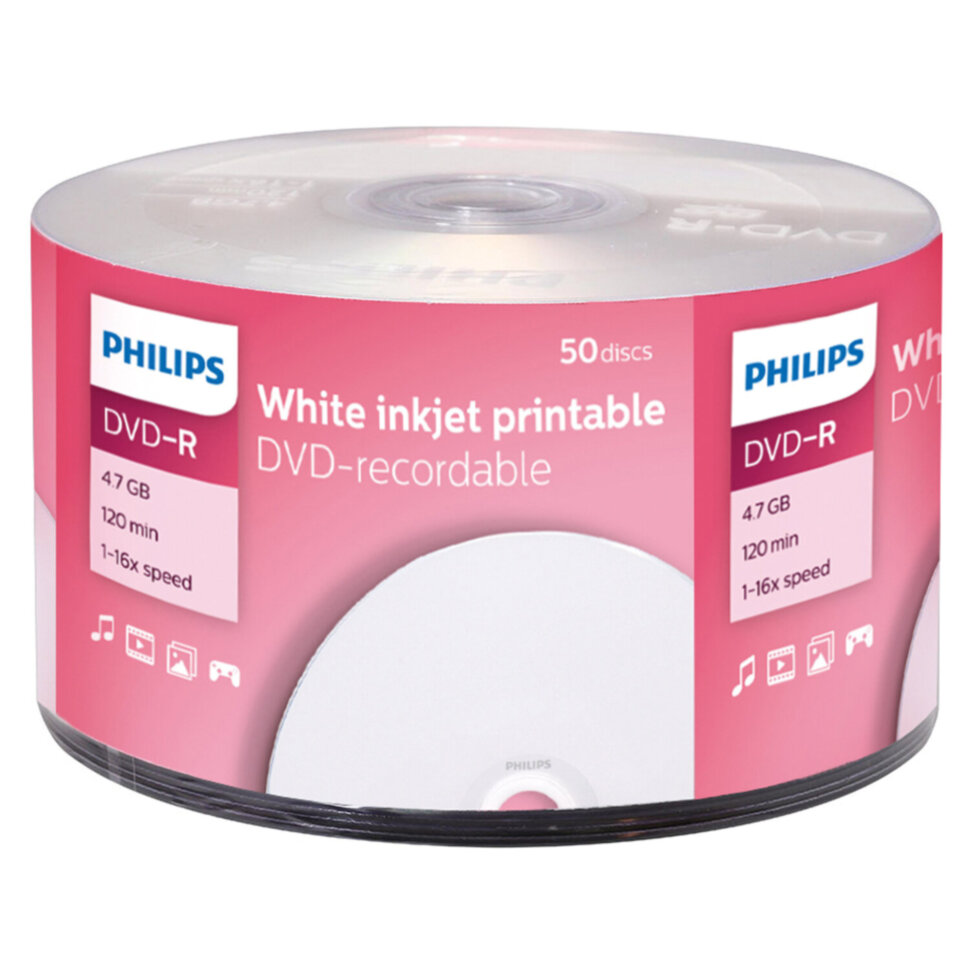 Диск DVD-R PHILIPS 4,7 Гб, 16x, Bulk (термоусадка без шпиля), поверхность для печати, КОМПЛЕКТ 50 шт., DM4I6U50F/97, 514195