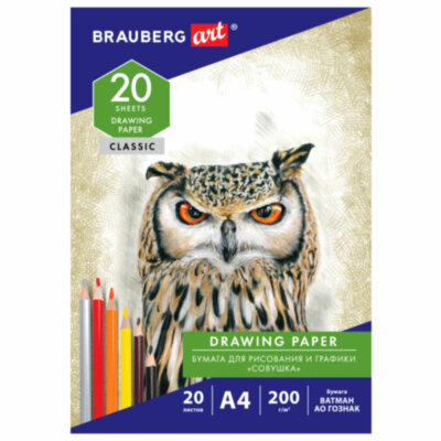 Бумага для рисования и графики в папке А4, 20 л., 200 г/м2, ВАТМАН ГОЗНАК, BRAUBERG ART CLASSIC, 114492, 114492