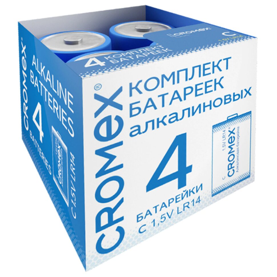 Батарейки алкалиновые КОМПЛЕКТ 4 шт., CROMEX (КРОМЕКС) Alkaline, C (LR14, 14А), короб, 456455, 456455