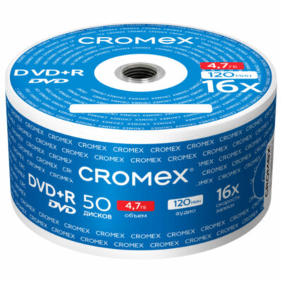 Диски DVD+R (плюс) CROMEX, 4,7 Gb, 16x, Bulk (термоусадка без шпиля), КОМПЛЕКТ 50 шт., 513774, 513774