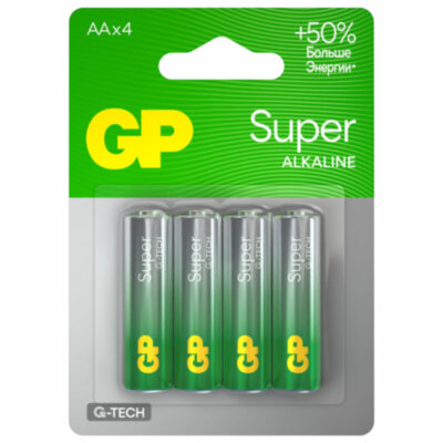 Батарейки КОМПЛЕКТ 4 шт., GP Super G-Tech, AA (LR6, 15А), алкалиновые, пальчиковые, блистер, 15A-2CR4, 450434
