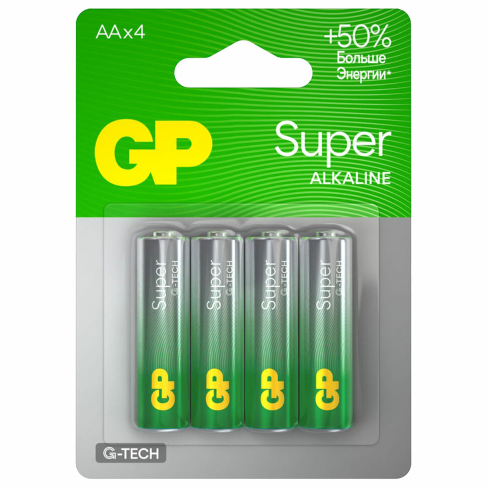 Батарейки КОМПЛЕКТ 4 шт., GP Super G-Tech, AA (LR6, 15А), алкалиновые, пальчиковые, блистер, 15A-2CR4, 450434