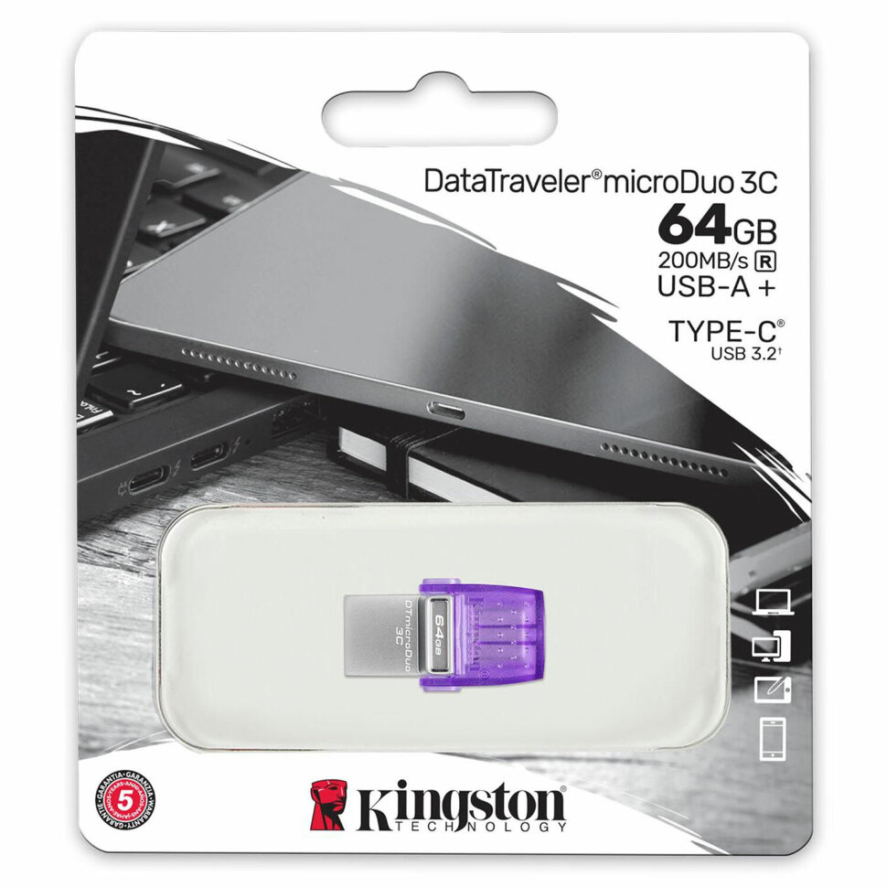 Флеш-диск 64 GB KINGSTON DataTraveler microDuo 3C, разъем USB 3.2, Type-C, фиолетовый, DTDUO3CG3/64GB, 514072
