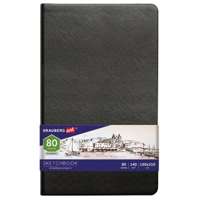 Скетчбук, слоновая кость 140 г/м2 130х210 мм, 80 л., КОЖЗАМ, резинка, BRAUBERG ART CLASSIC, черный, 113194, 113194