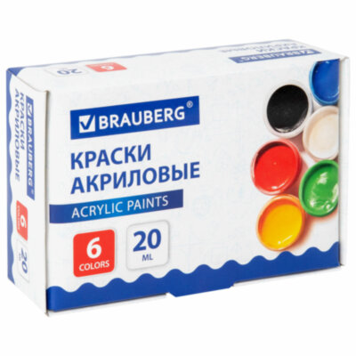 Краски акриловые для рисования и творчества 6 цветов по 20 мл, BRAUBERG, 192562, 192562