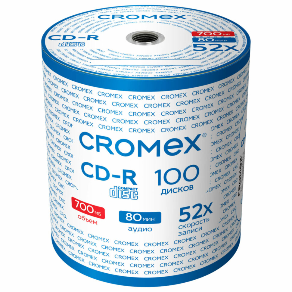 Диски CD-R CROMEX, 700 Mb, 52x, Bulk (термоусадка без шпиля), КОМПЛЕКТ 100 шт., 513779, 513779