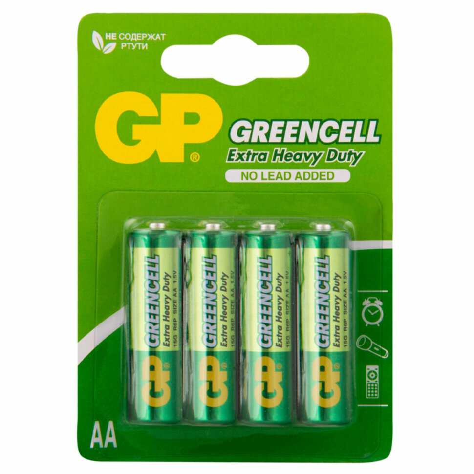 Батарейки КОМПЛЕКТ 4 шт., GP GreenCell AA (R6, 15G), солевые, пальчиковые, блистер, 15G-2CR4, 457754